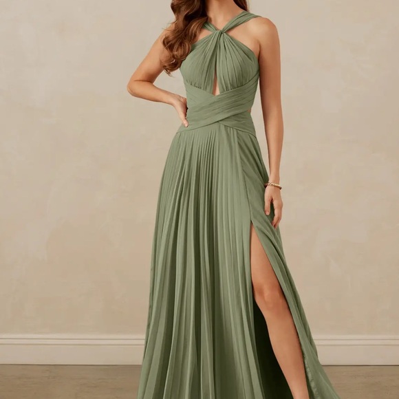 Azazie Dresses & Skirts - Azazie Olive Green Pleated Halter Wedding Dress